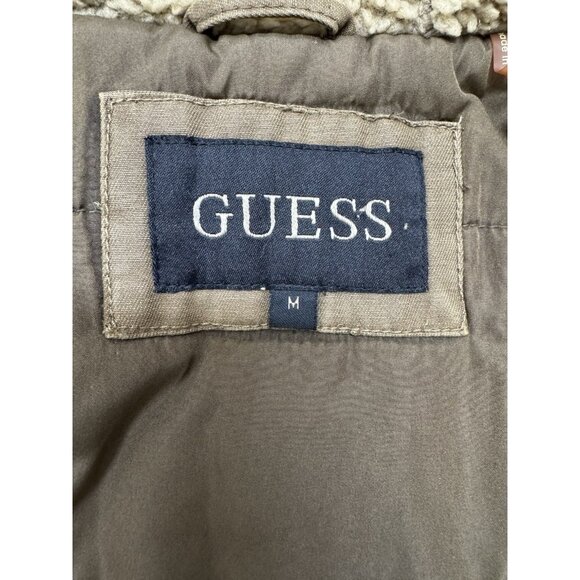 Guess Mens M Coat Khaki Twill Field Jacket Sherpa Hood Quilt Liner Mid Length - Picture 11 of 11